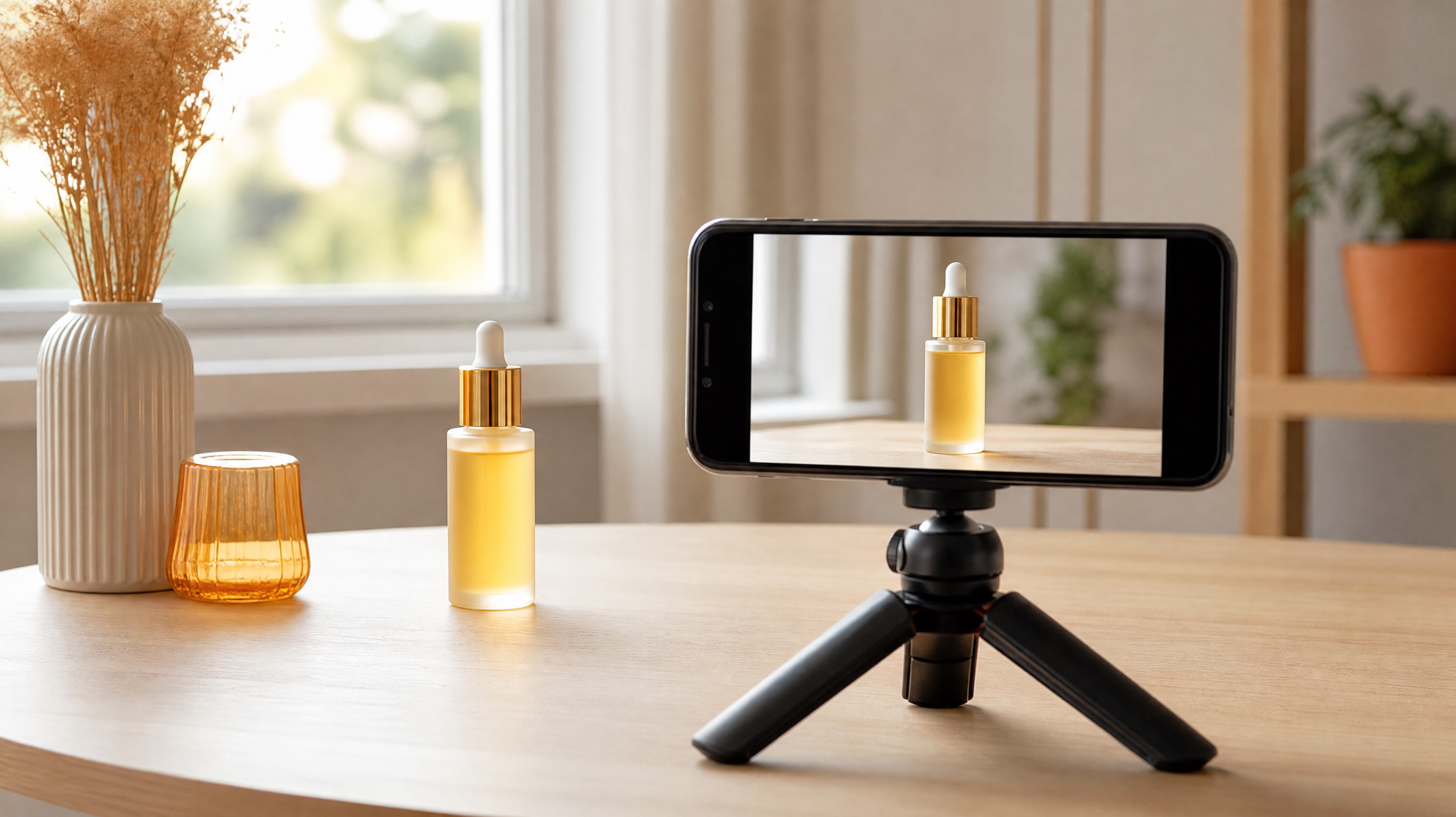 Un flacon de cosmétique posé sur une table en bois près d'une fenêtre, photographié avec un téléphone monté sur un petit trépied.