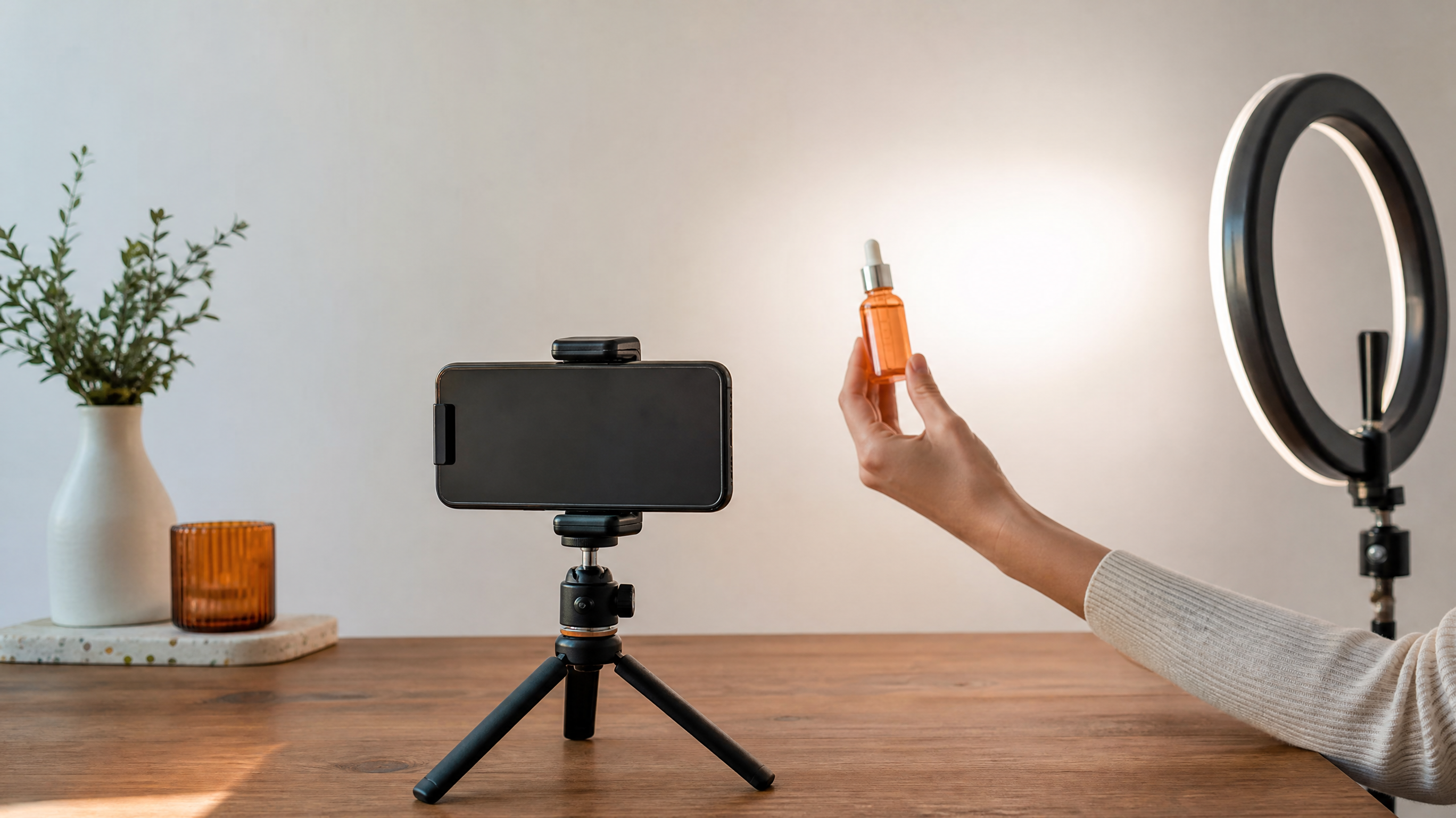 Un téléphone sur trépied filme une personne qui présente un flacon de cosmétique devant un mur clair.