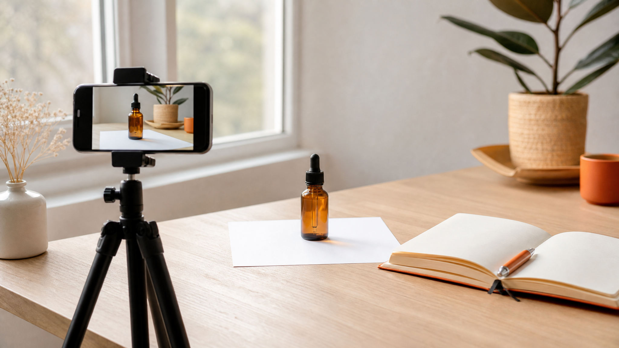 Un téléphone posé sur un bureau affiche une publicité produit en cours de création, à côté d'un carnet et d'un petit flacon cosmétique.