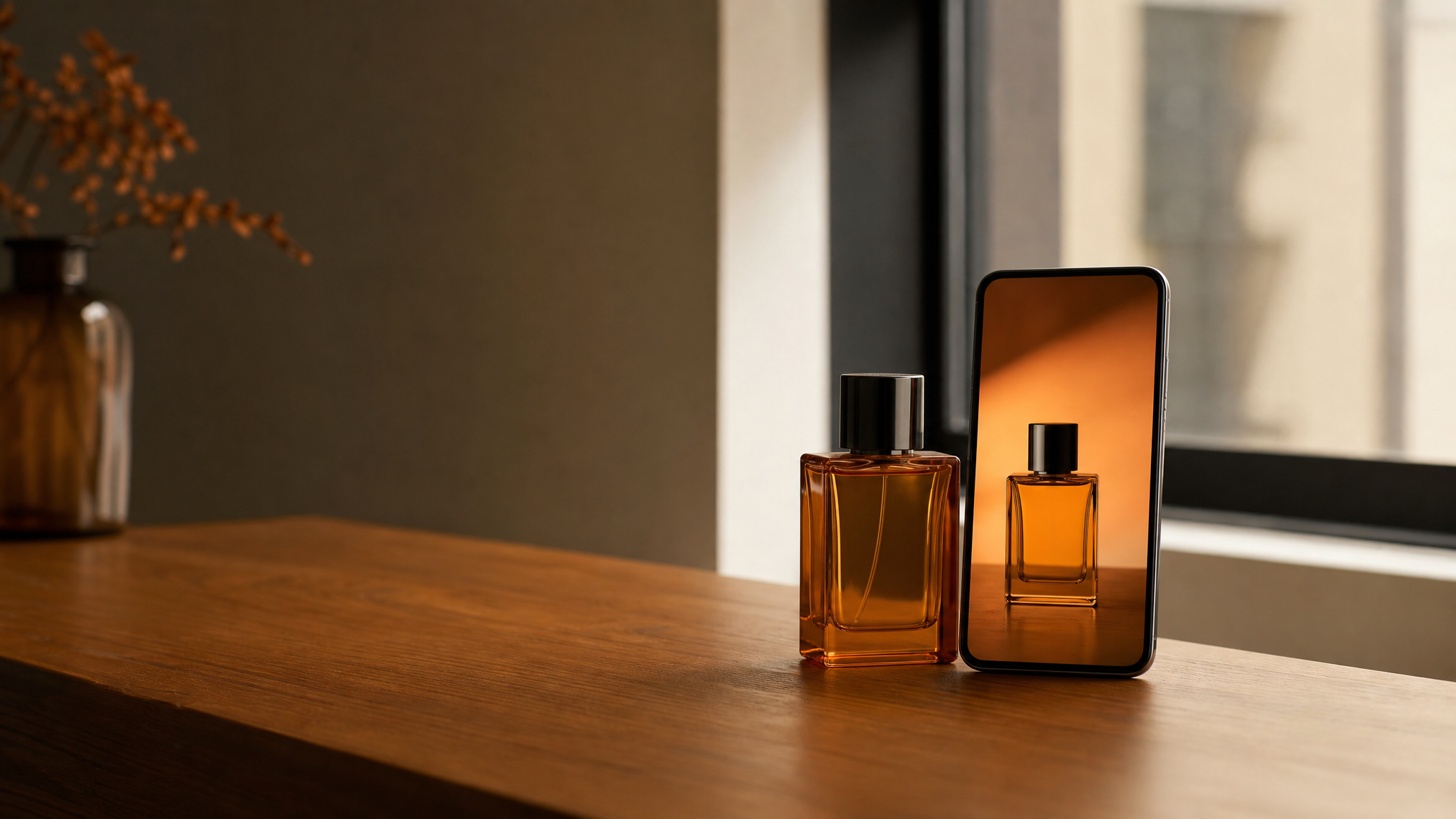 Un téléphone posé sur une table en bois affiche une affiche publicitaire verticale d'un flacon de parfum, à côté du flacon réel.