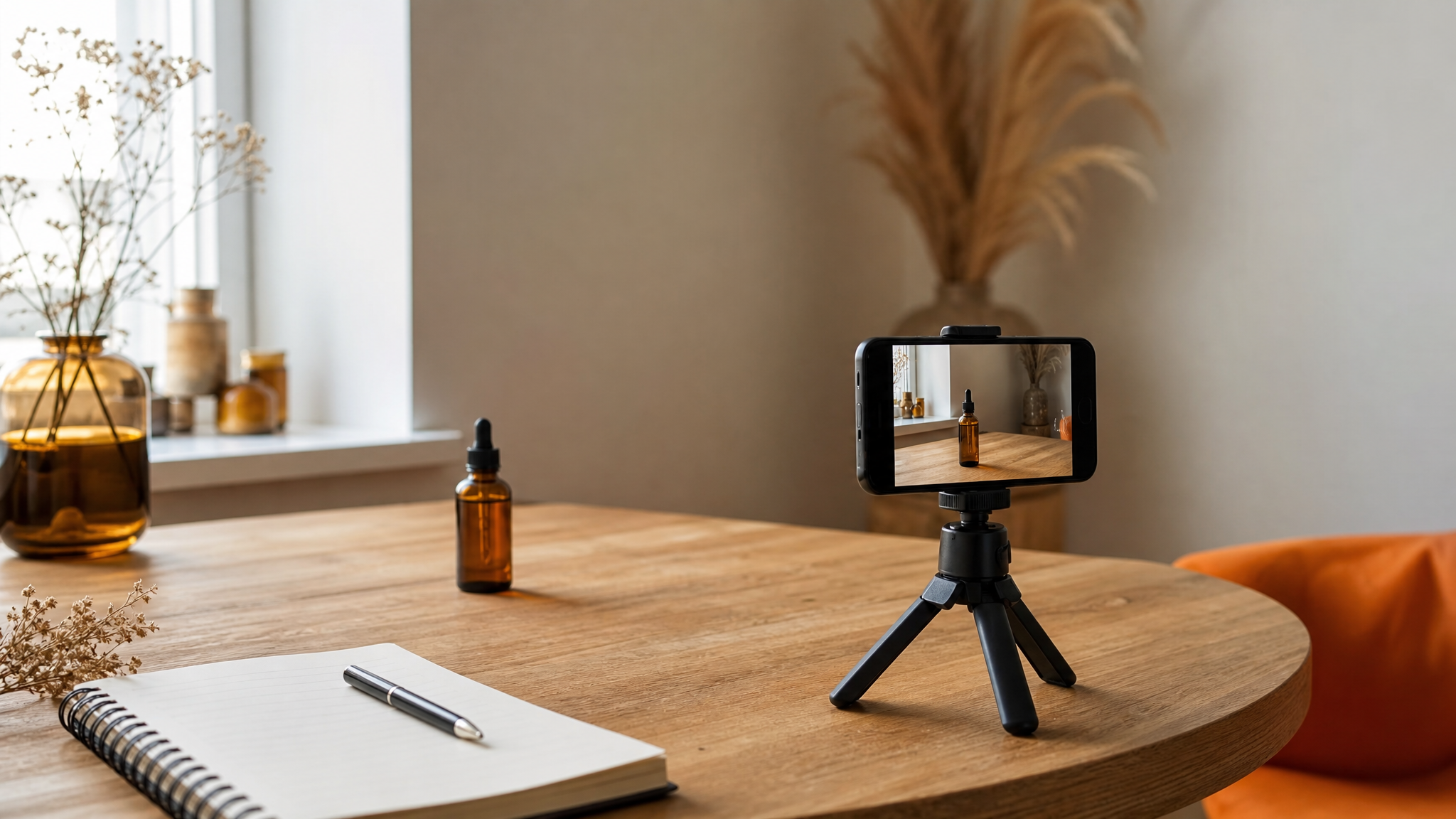 Un commerçant photographie son produit avec un téléphone posé sur un trépied près d'une fenêtre.