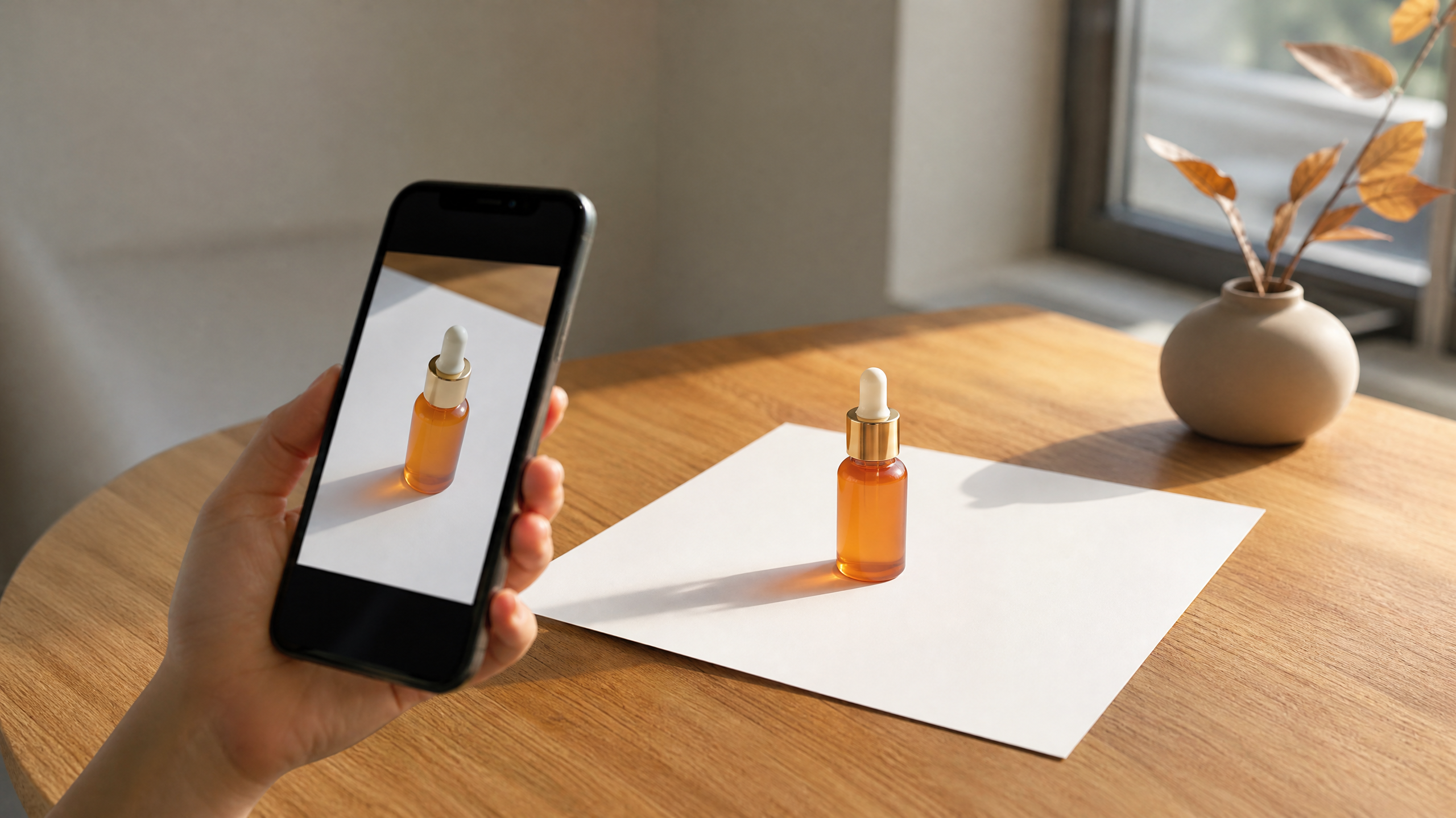 Un flacon de produit posé près d'une fenêtre sur une feuille blanche, photographié avec un téléphone tenu à la main.