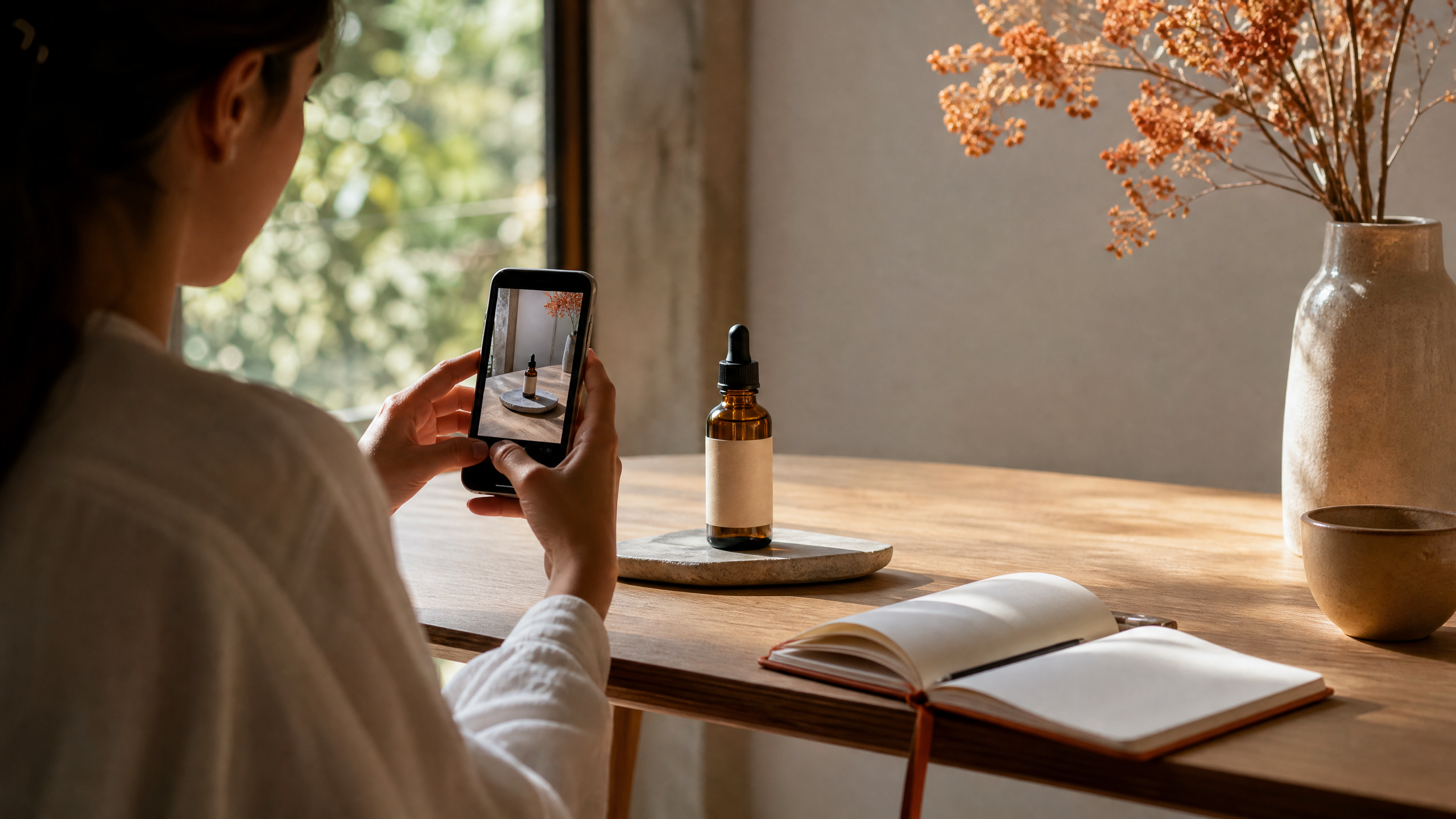 Un commerçant photographie son produit posé sur une table près d'une fenêtre, avec son téléphone.