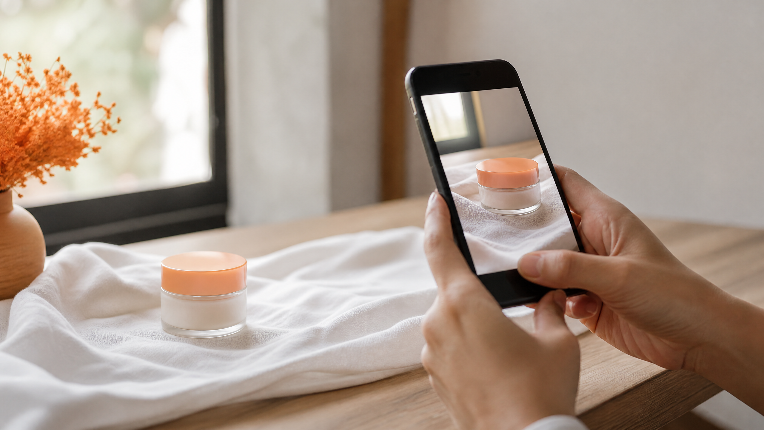 Un flacon cosmétique posé sur un drap blanc près d'une fenêtre, photographié avec un téléphone tenu à la main.
