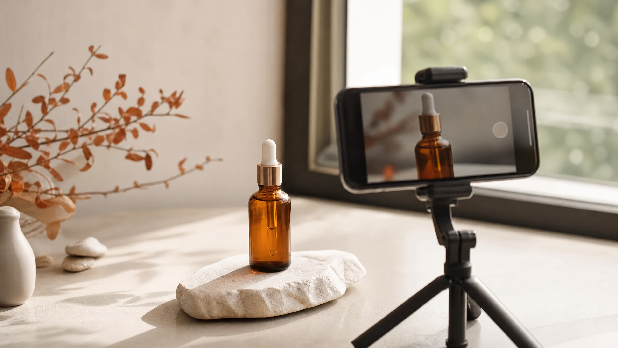 Un flacon de cosmétique posé sur une pierre claire devant une fenêtre, à côté d'un téléphone qui vient de le photographier.