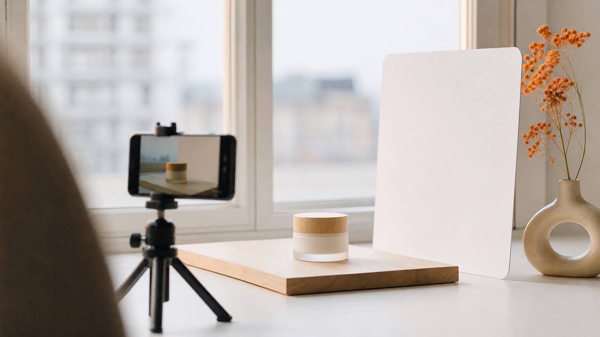 Un petit pot de crème posé sur une table en bois près d'une fenêtre, photographié avec un téléphone sur trépied.