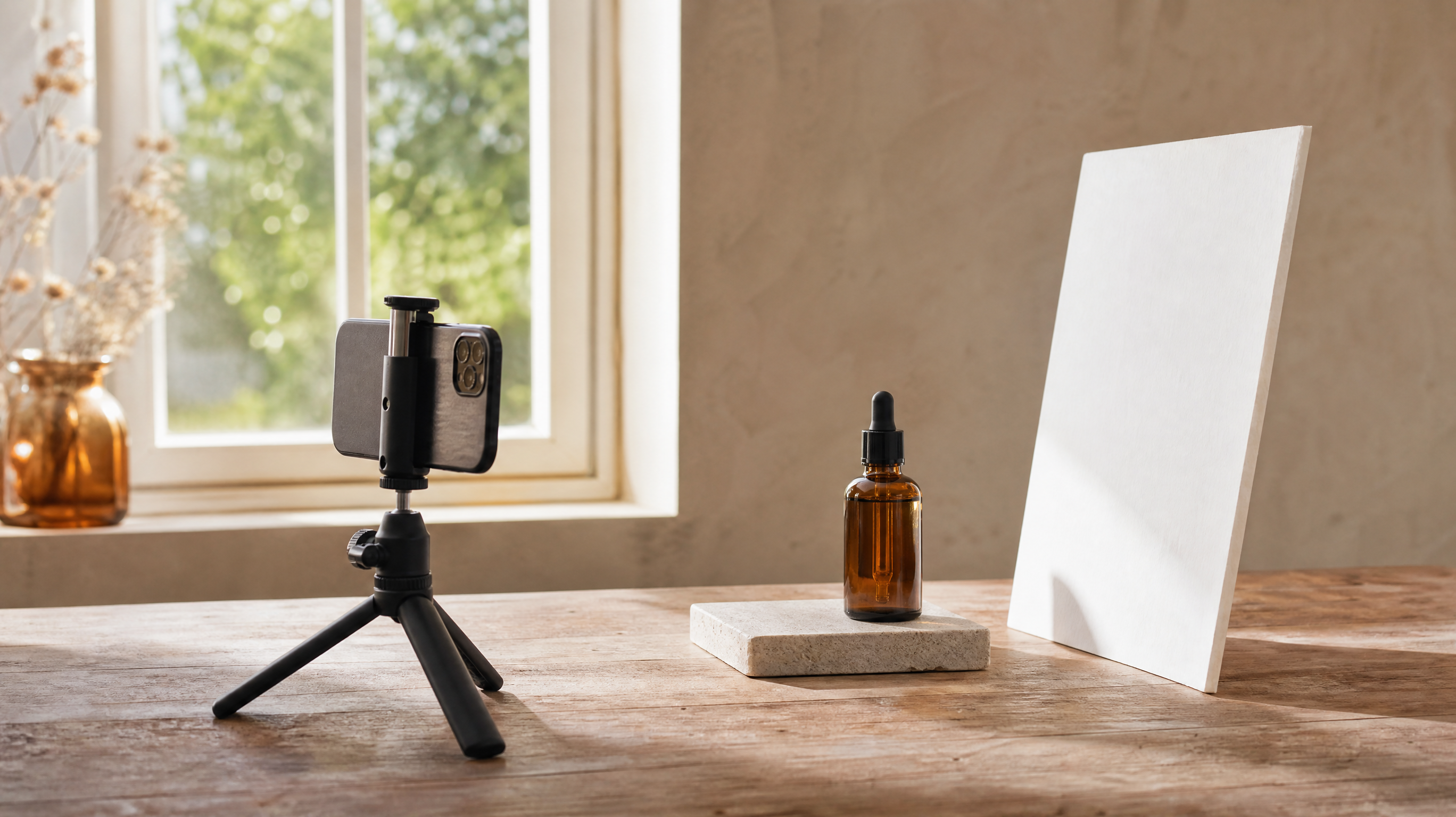 Un téléphone posé sur une table près d'une fenêtre photographie un flacon de cosmétique sur un fond blanc.