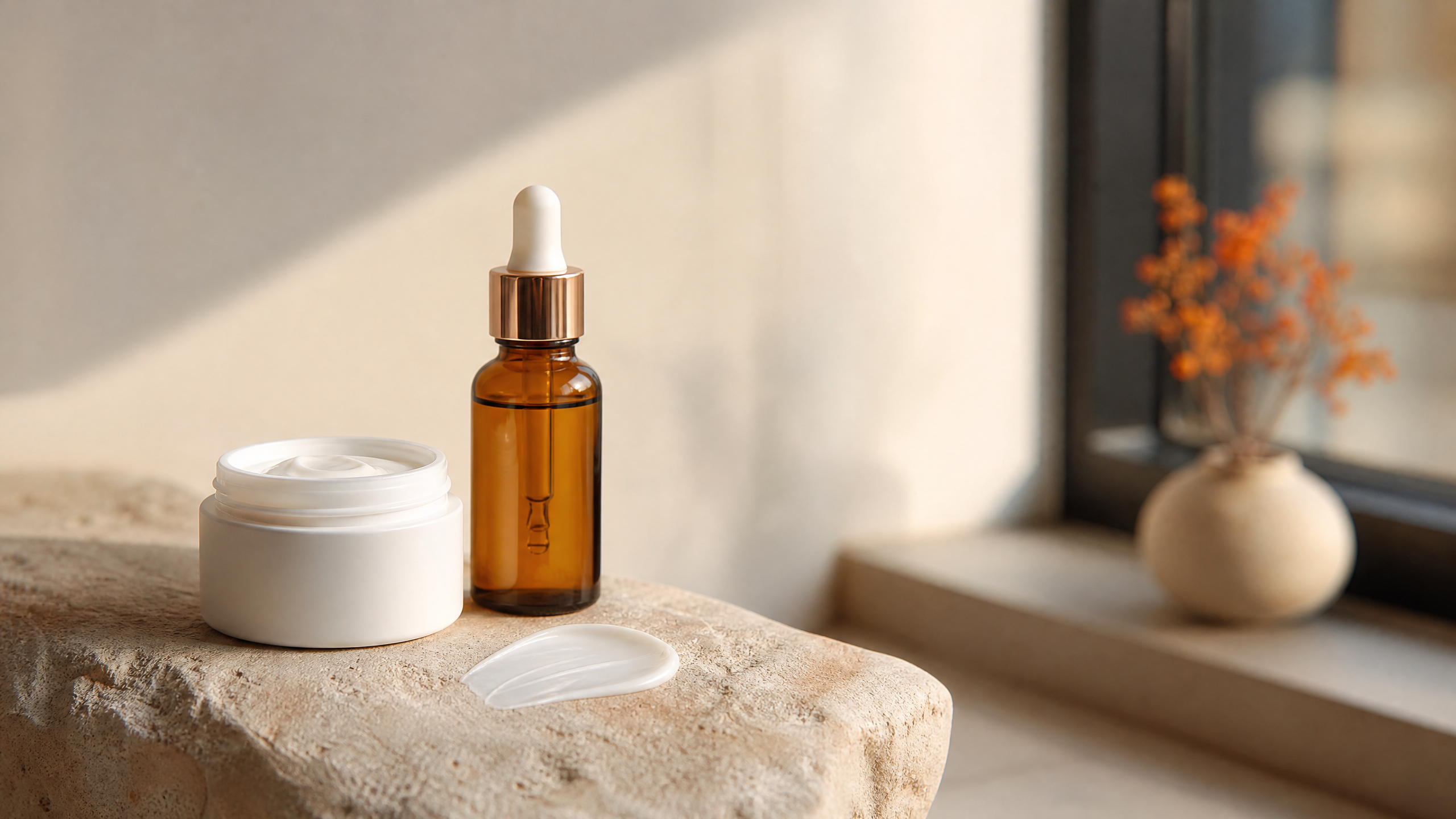 Un pot de crème cosmétique posé sur une pierre claire près d'une fenêtre, avec une noisette de crème étalée à côté.