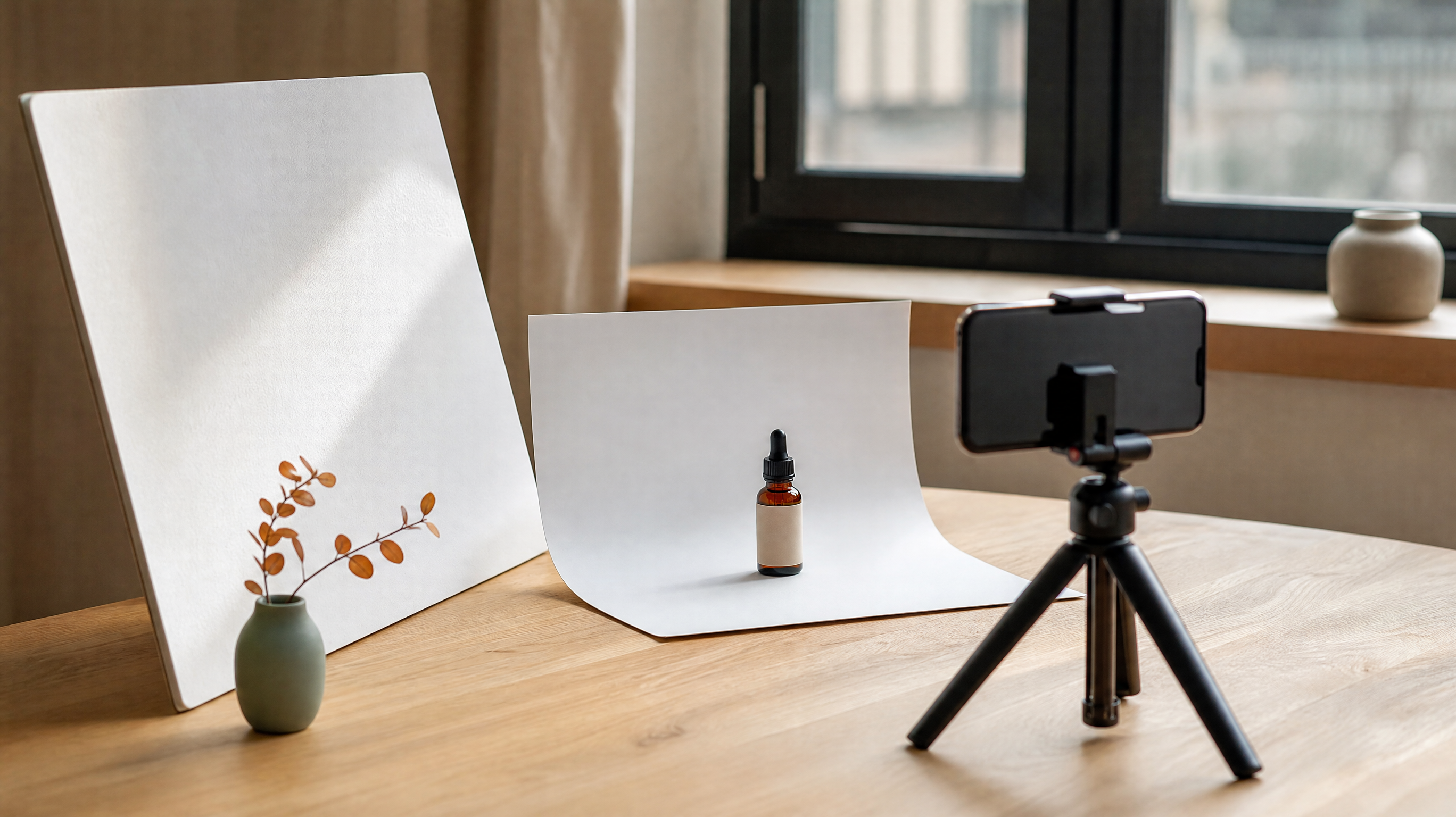Un petit flacon cosmétique photographié au smartphone sur une feuille de papier blanc courbée près d'une fenêtre, avec un carton blanc comme réflecteur.