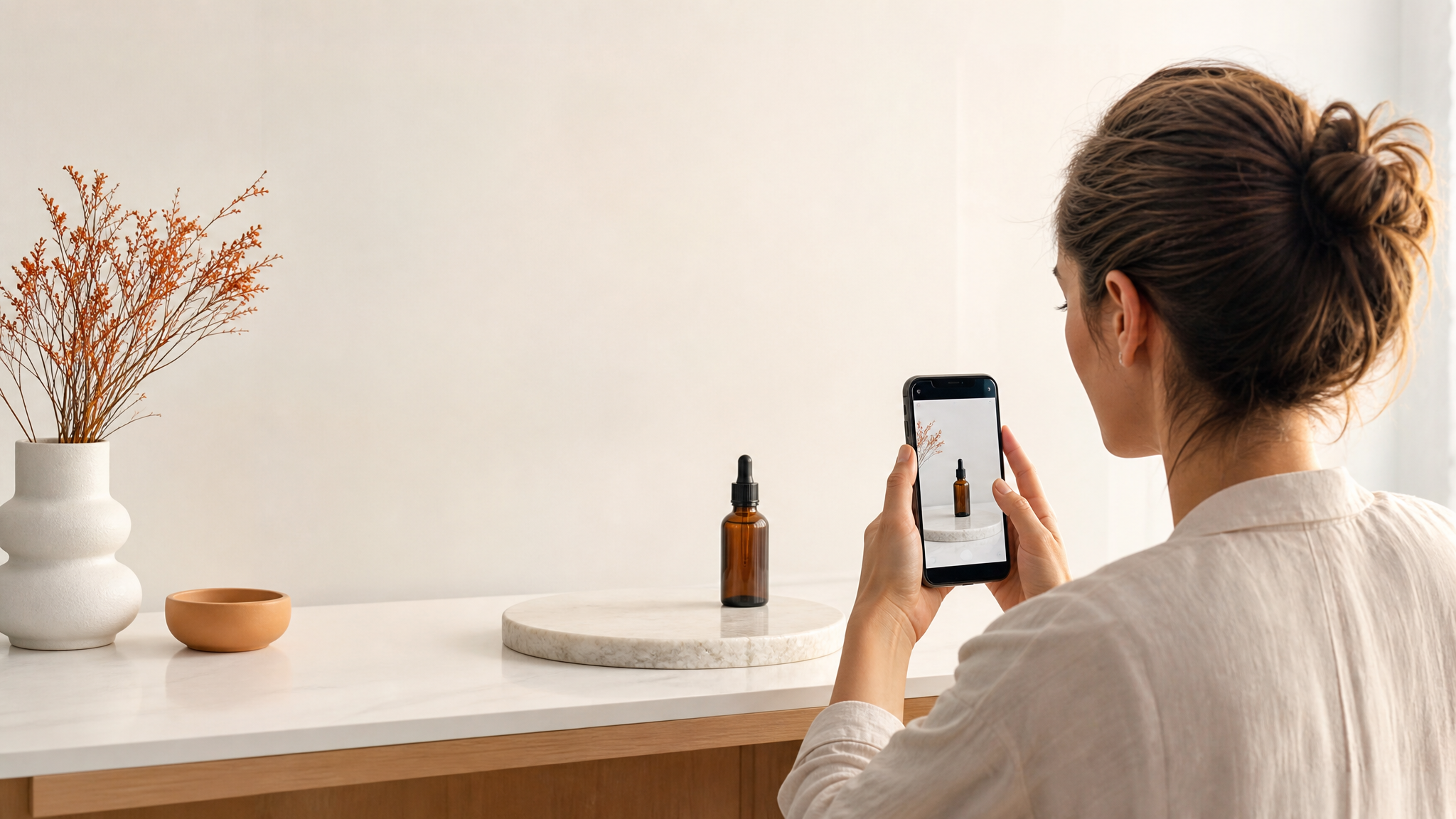 Un flacon de cosmétique posé près d'une fenêtre et photographié avec un téléphone tenu à la main.