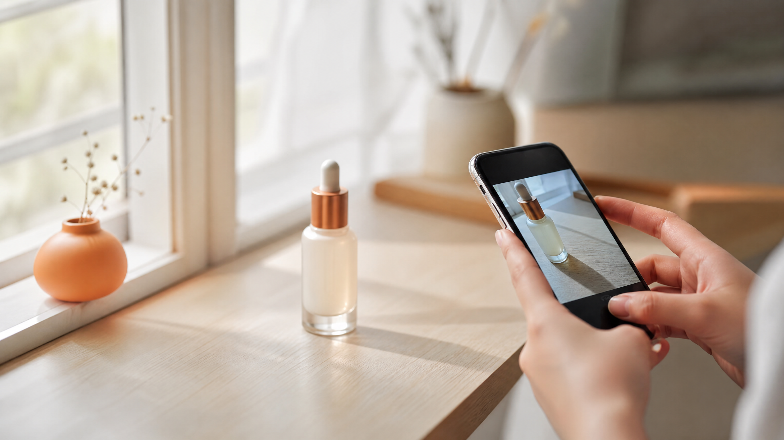 Un flacon cosmétique posé près d'une fenêtre sur une table en bois, éclairé par la lumière du jour, à côté d'un téléphone en position de prise de vue.