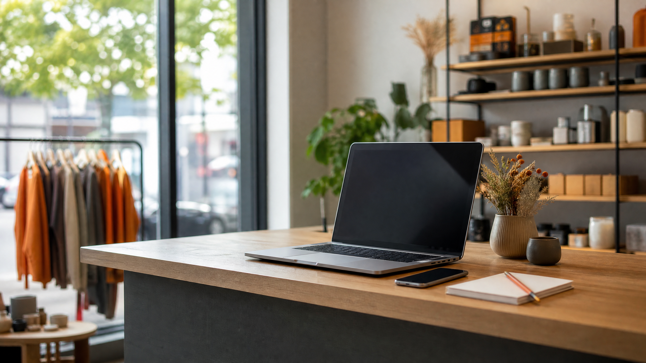Un commerçant consulte le gestionnaire de publicités Facebook sur un ordinateur portable posé sur un comptoir de boutique.