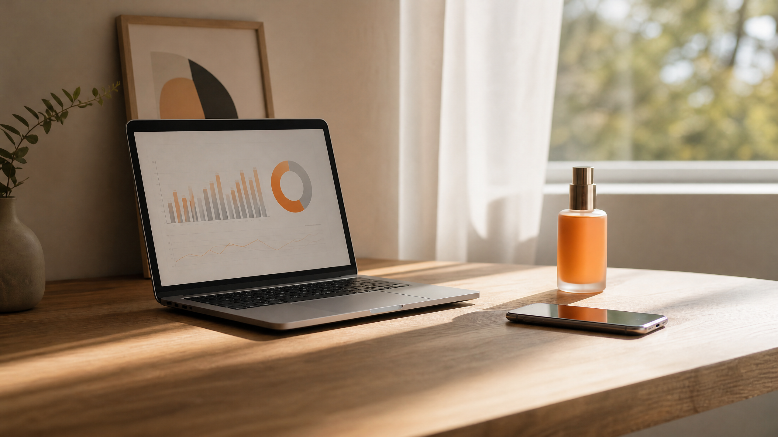 Un commerçant consulte le gestionnaire de publicités sur son ordinateur portable, à côté d'un produit posé sur le bureau.
