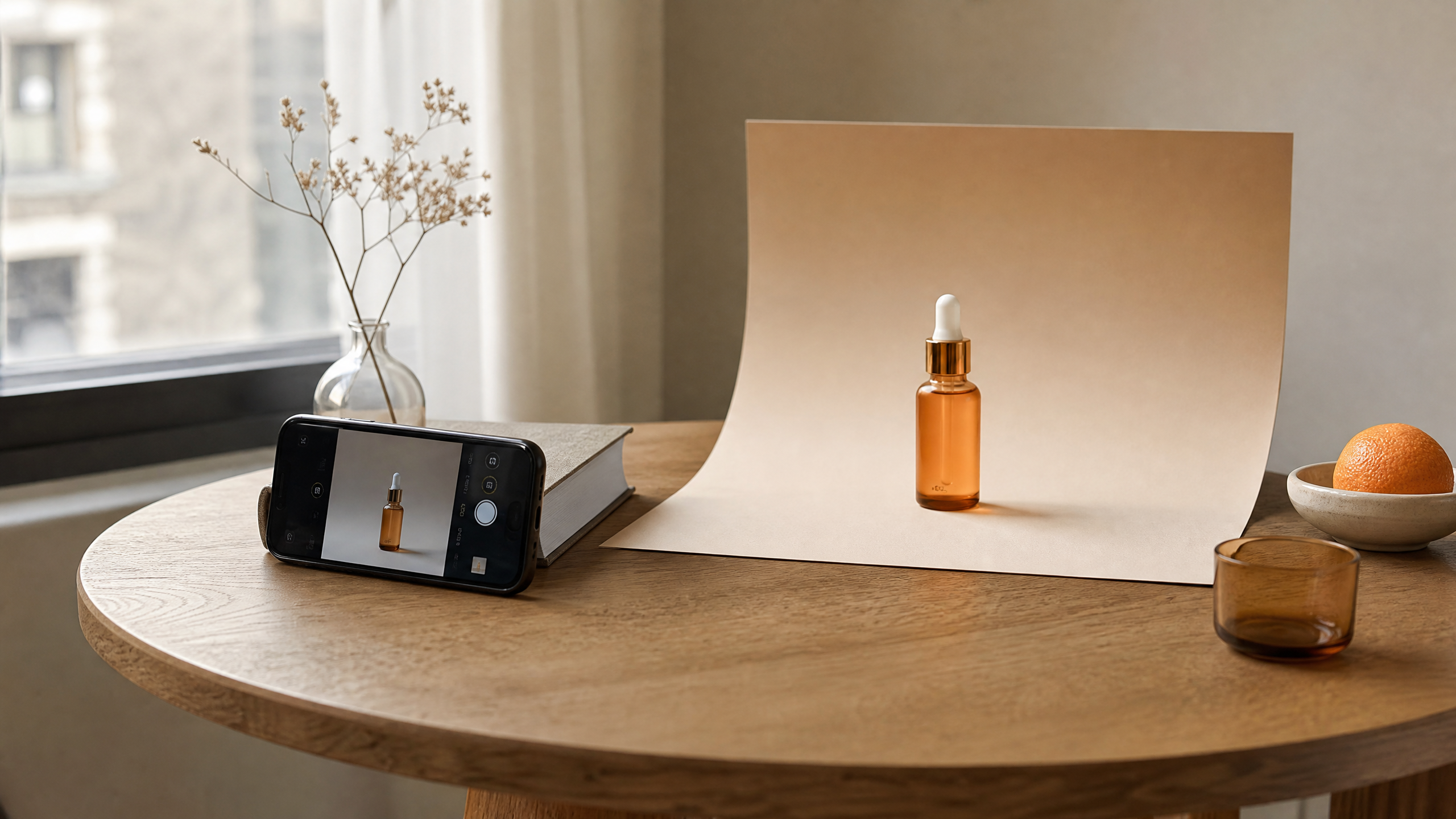 Un téléphone posé sur une table en bois affiche une fiche produit, à côté d'un flacon de cosmétique éclairé par la lumière du jour.