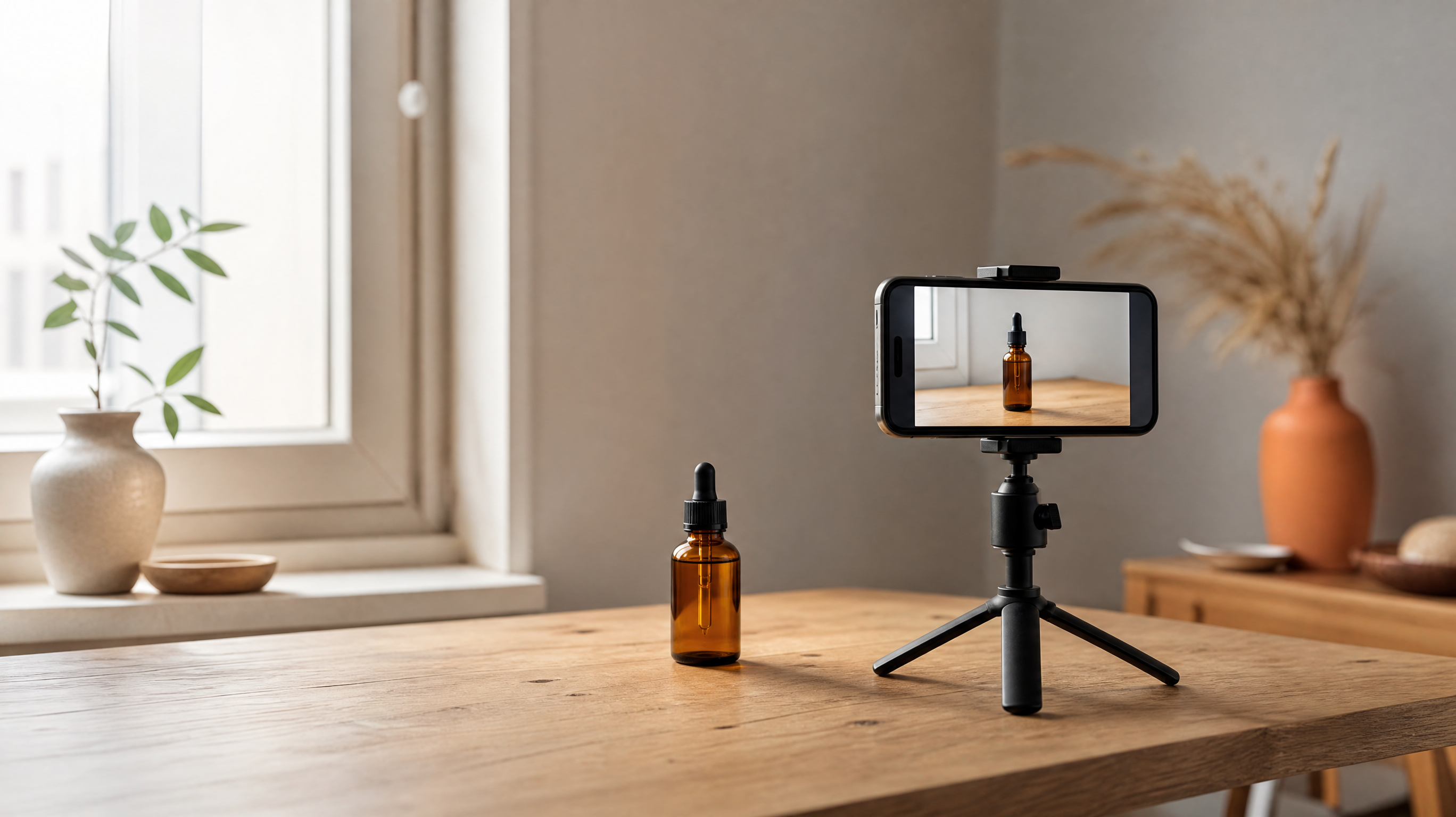 Un smartphone sur trépied filme un flacon de cosmétique posé près d'une fenêtre, sur une table en bois.