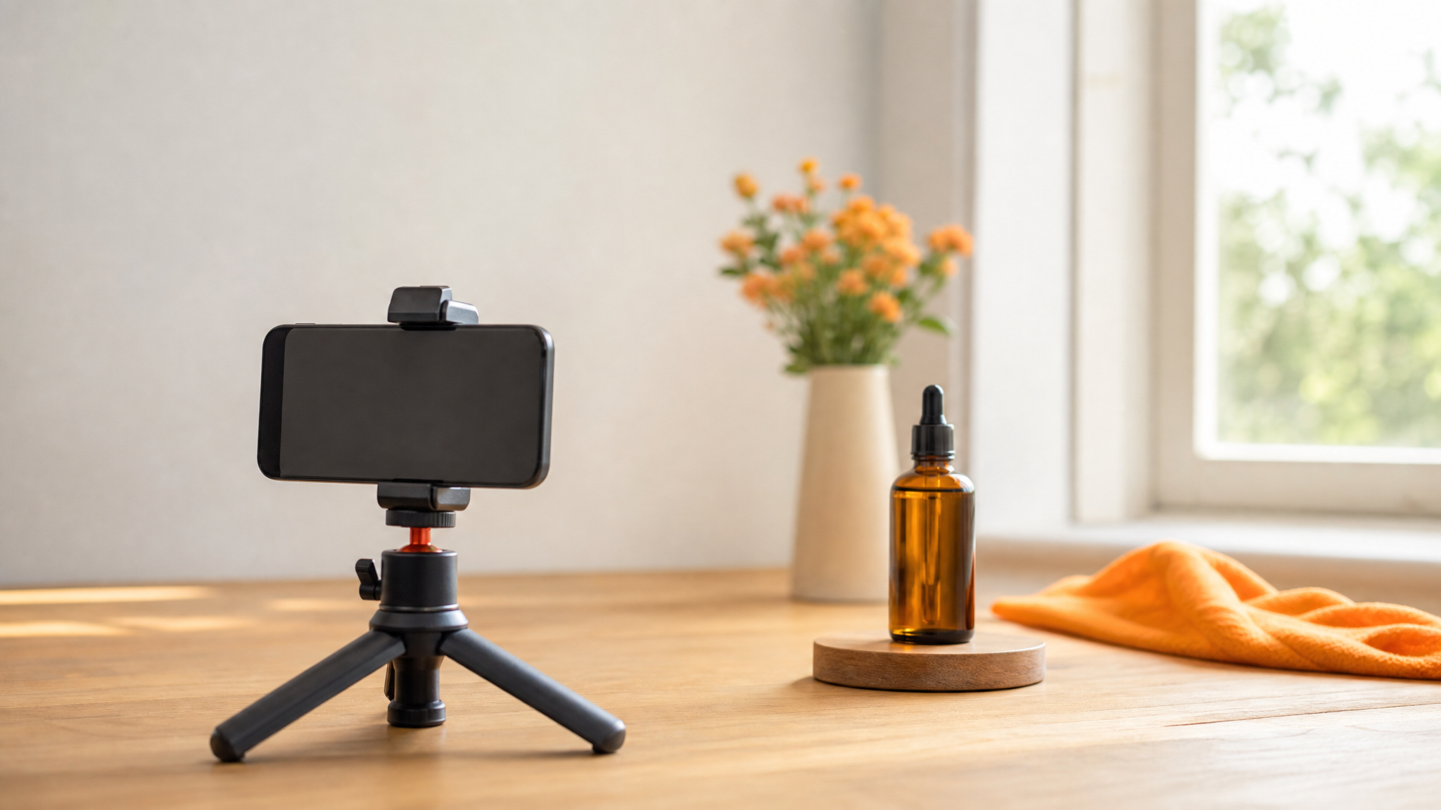 Un téléphone posé sur un petit trépied filme un flacon de produit cosmétique devant une fenêtre.