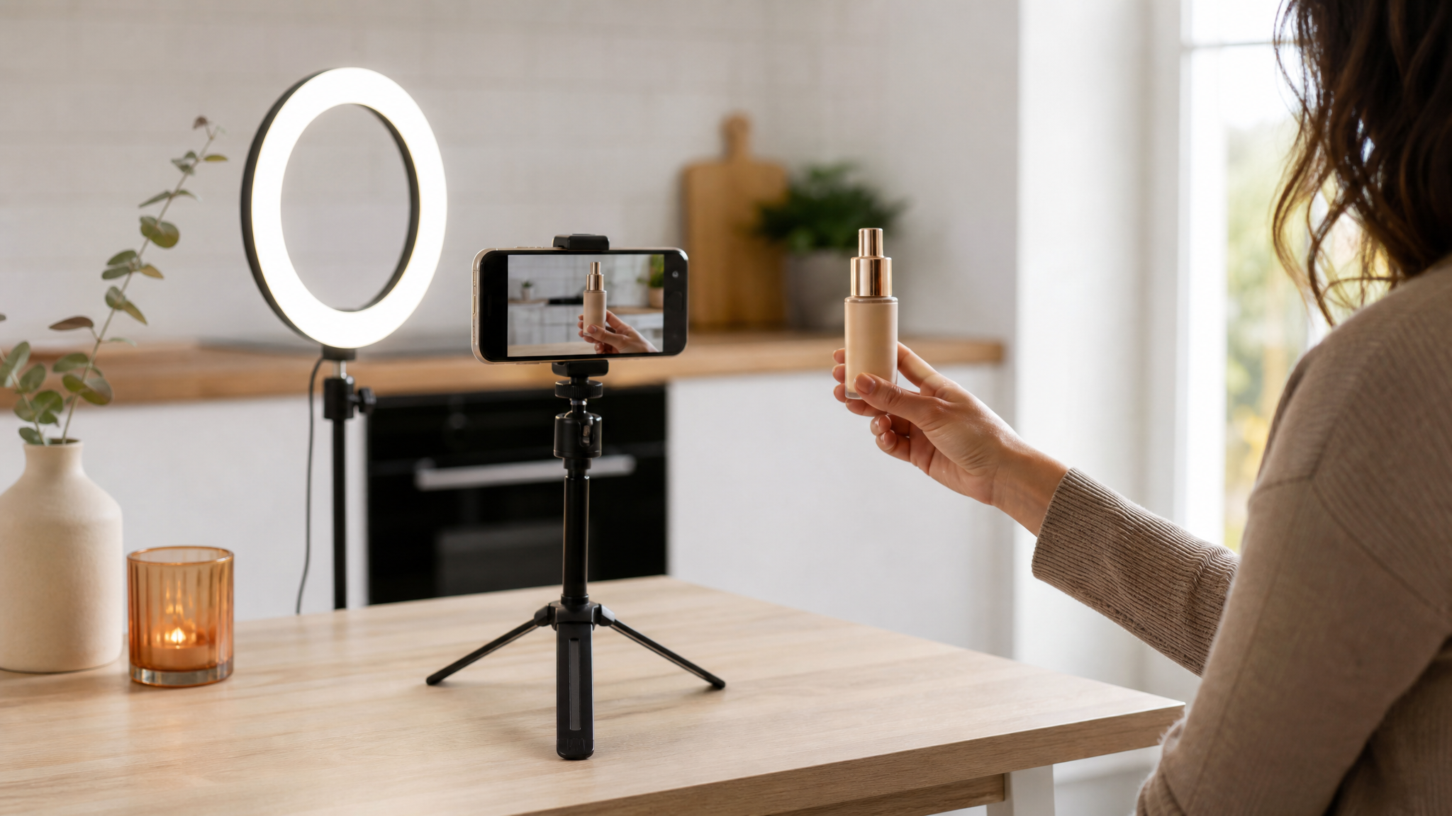 Un téléphone monté sur un petit trépied filme une personne qui tient un flacon cosmétique sur une table de cuisine.
