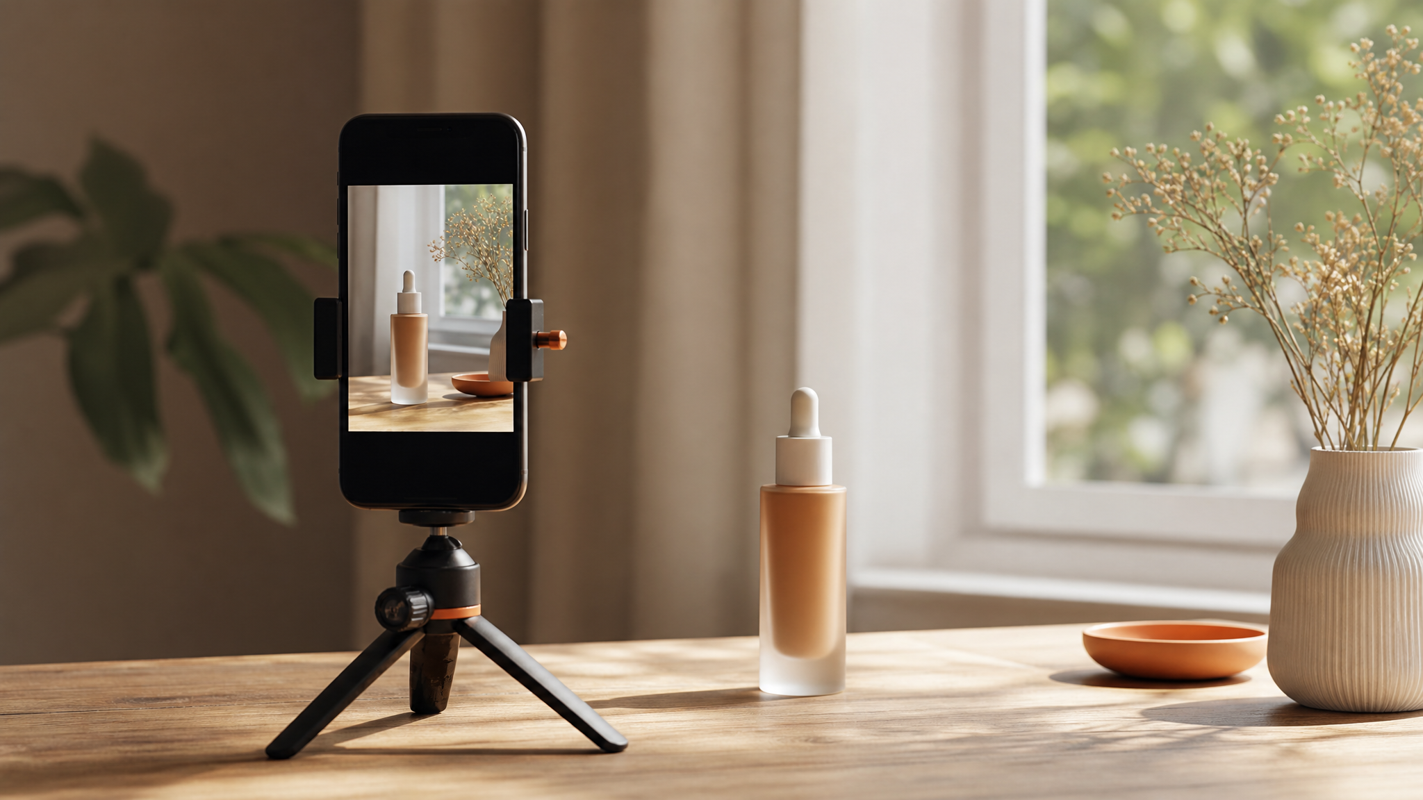 Une main tient un téléphone en position verticale qui filme un flacon de cosmétique posé sur une table en bois.