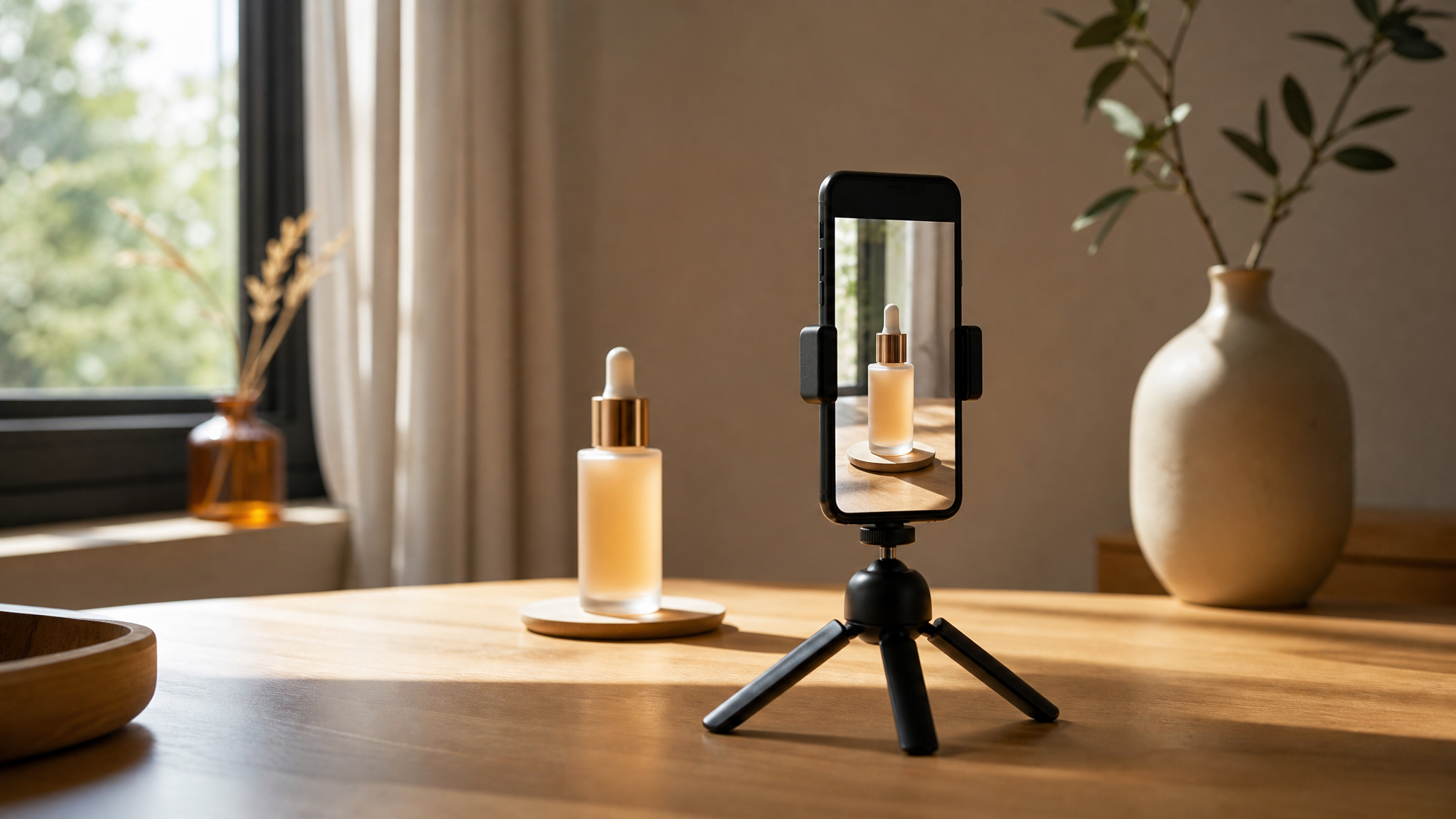 Un téléphone sur un petit trépied filme un flacon de cosmétique posé sur une table en bois près d'une fenêtre.